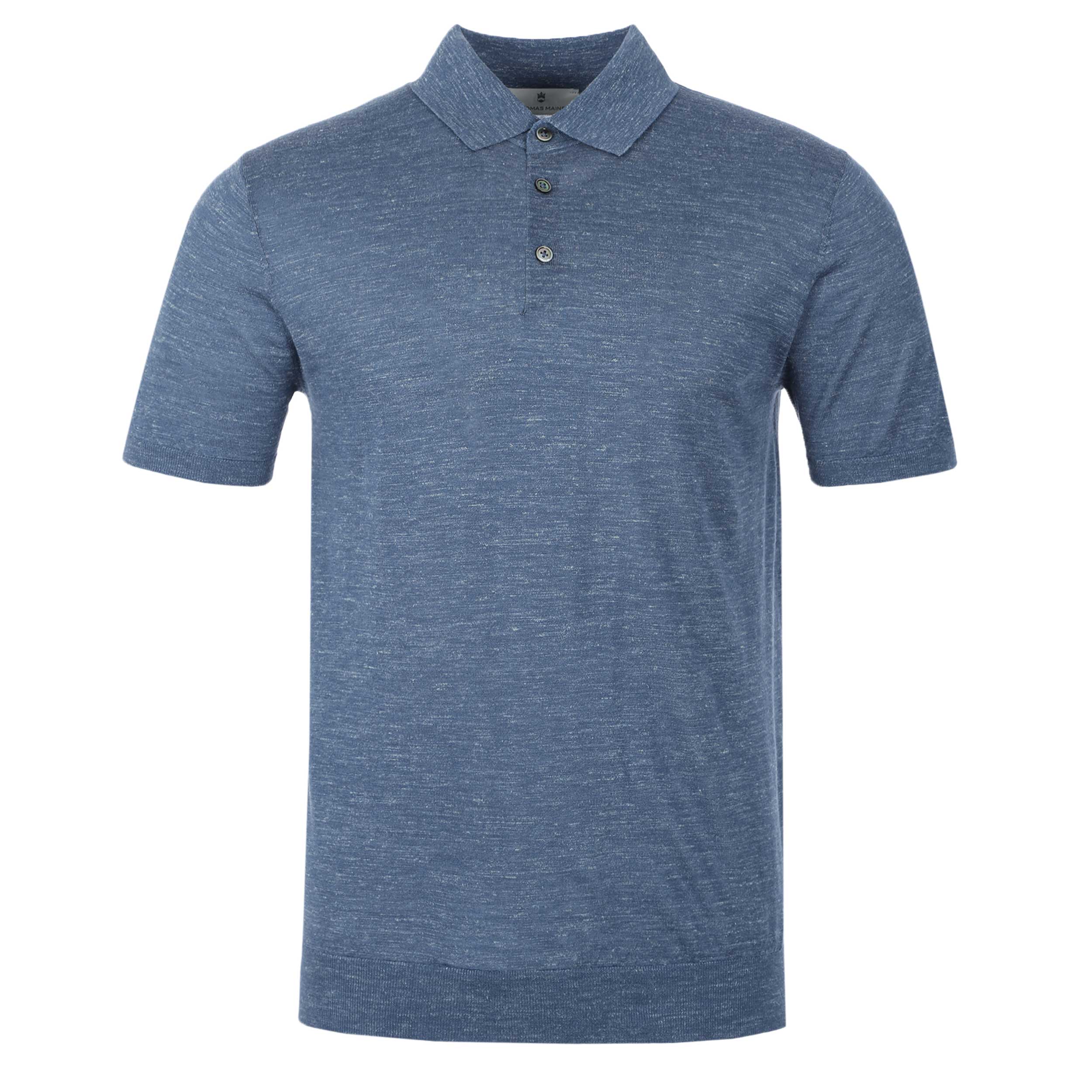 Thomas Maine Silk Linen Mix 3 Button Knit Polo in Blue