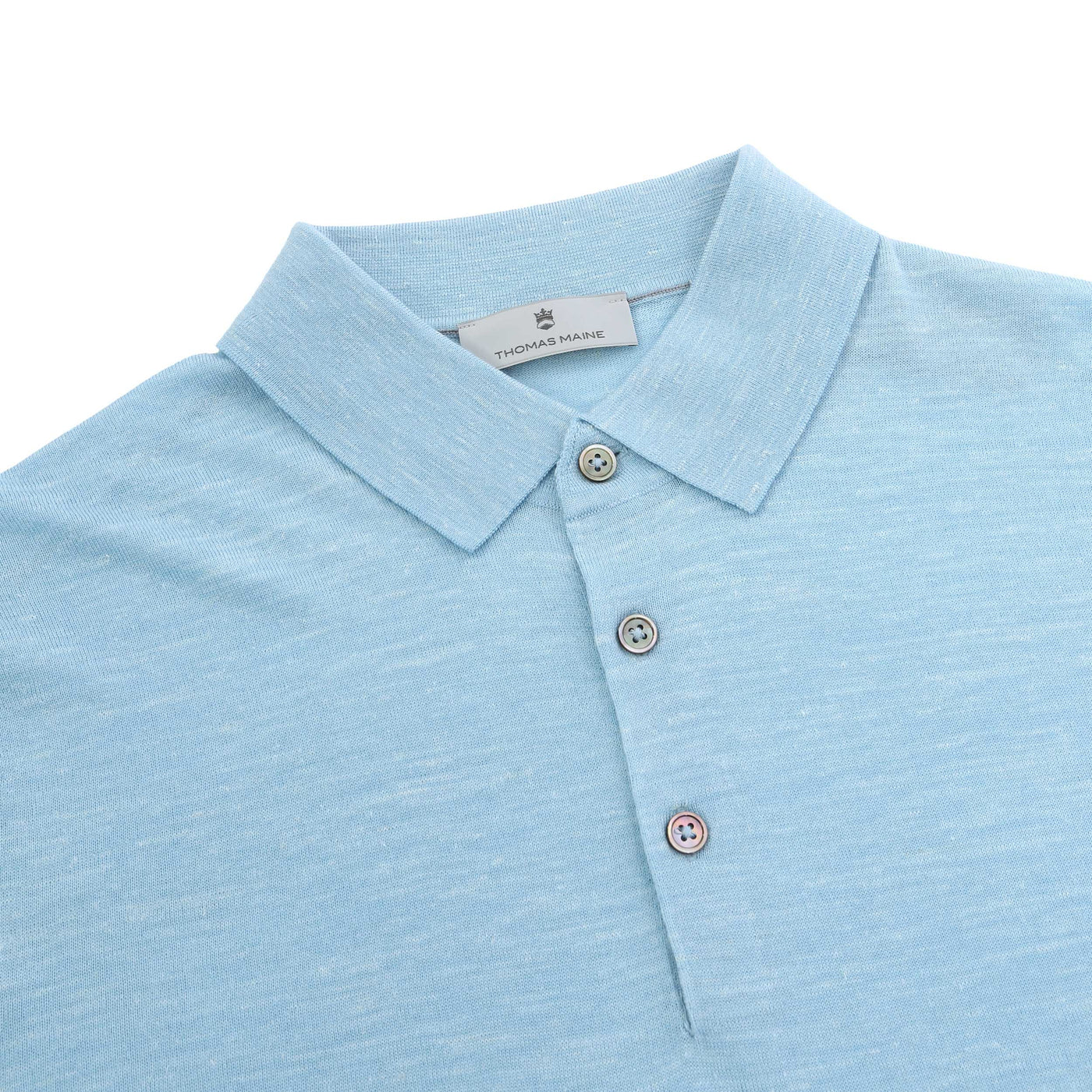 Thomas Maine Silk Linen Mix 3 Button Knit Polo in Sky Blue Placket