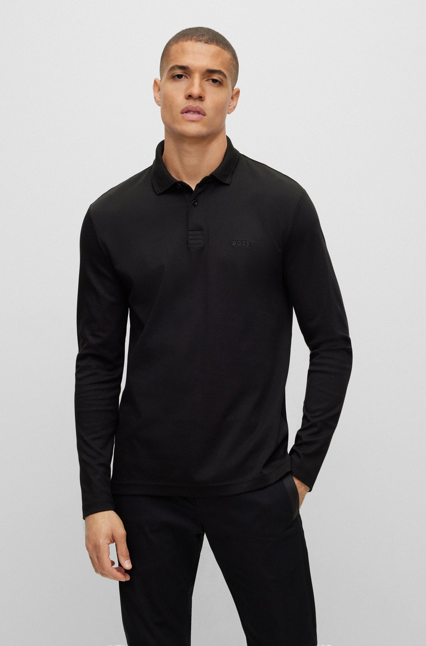BOSS Pirol Long Sleeve Polo Shirt in Black
