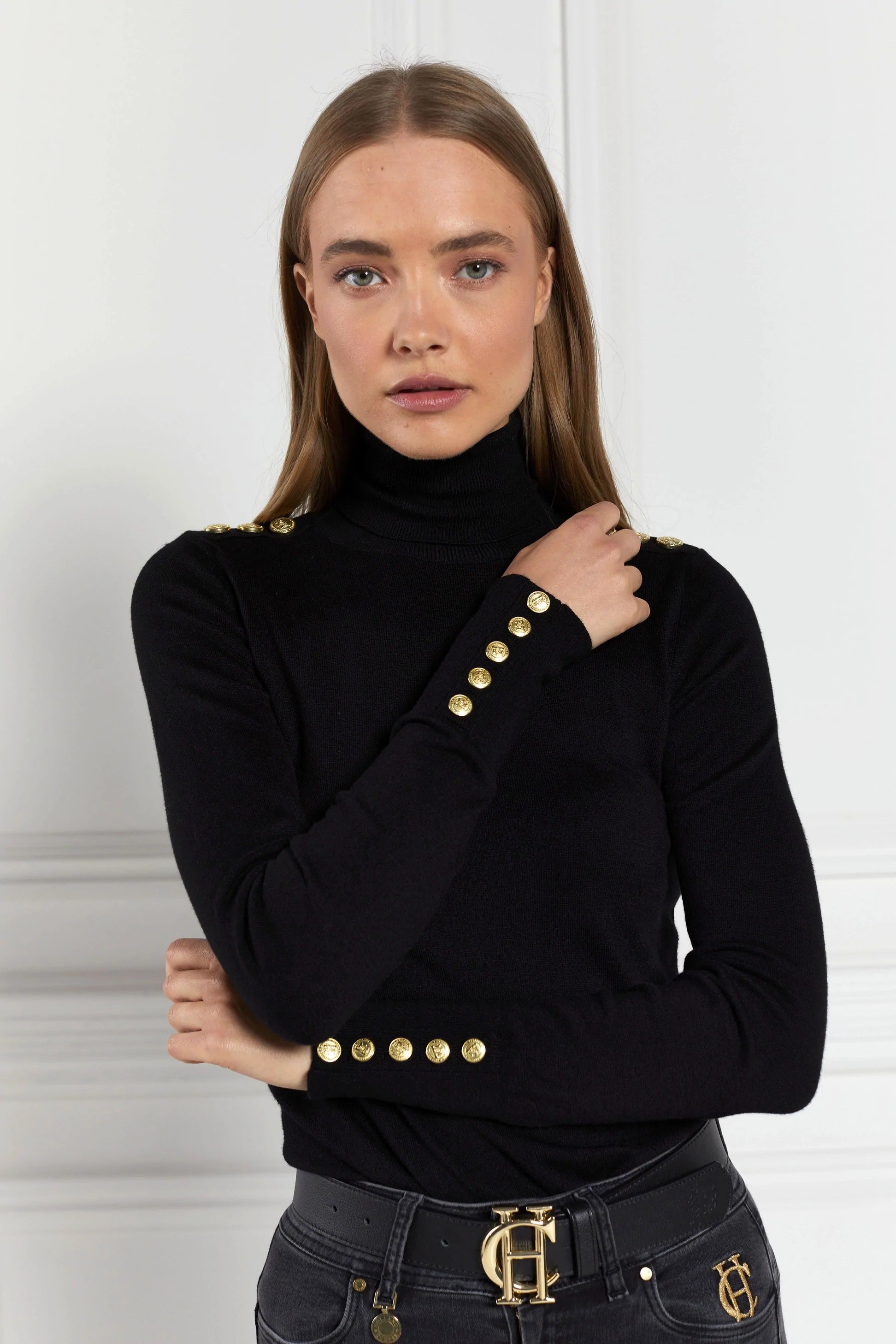 Holland Cooper Buttoned Knit Roll Neck Ladies Knitwear in Black