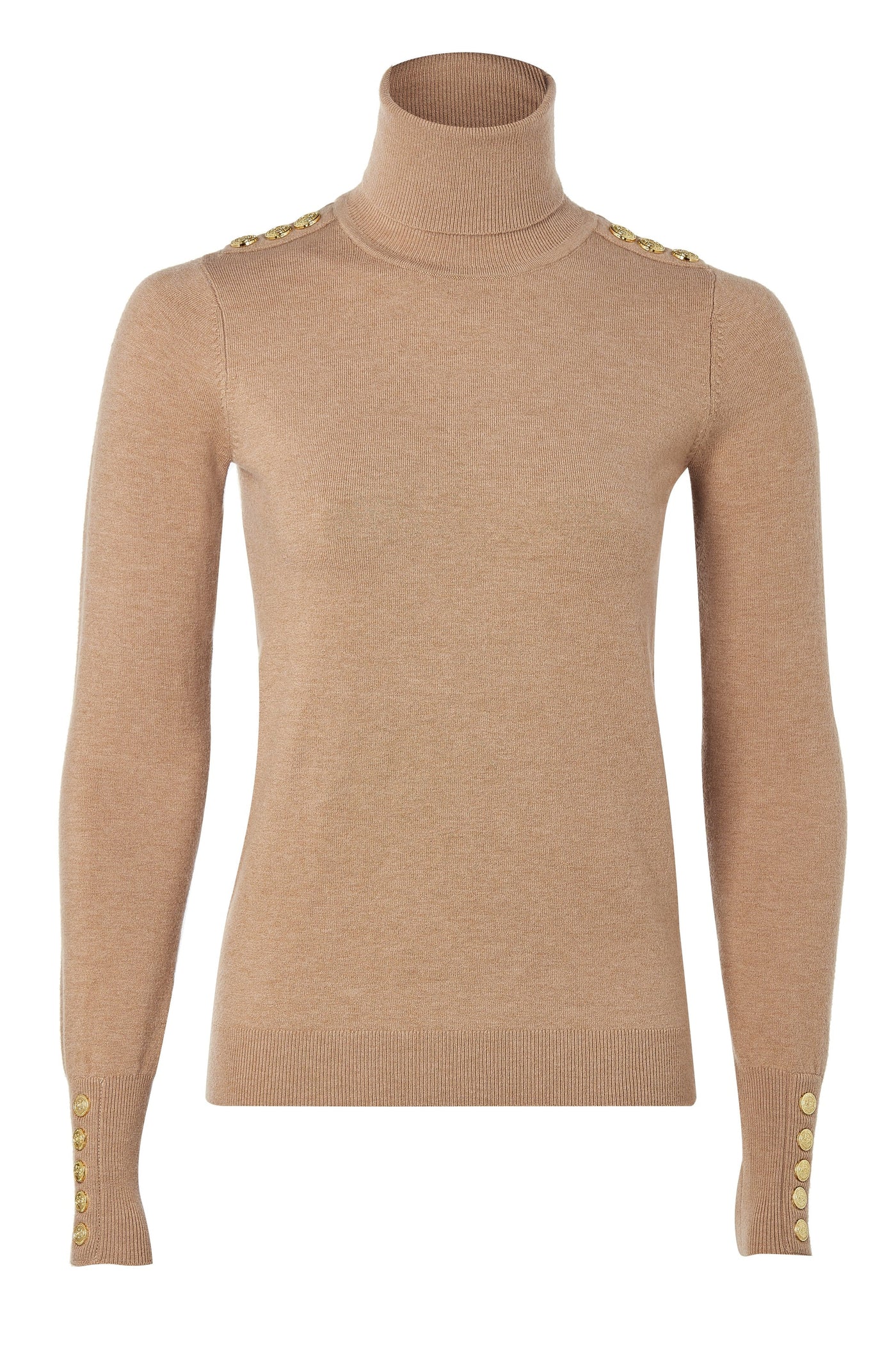 Holland Cooper Buttoned Knit Roll Neck Ladies Knitwear in Dark Camel