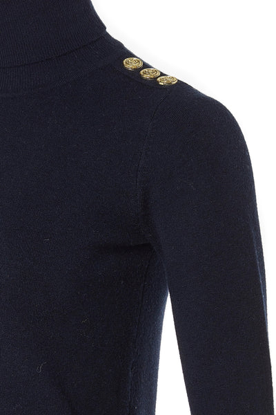 Holland Cooper Buttoned Knit Roll Neck Ladies Knitwear in Ink Navy Shoulder