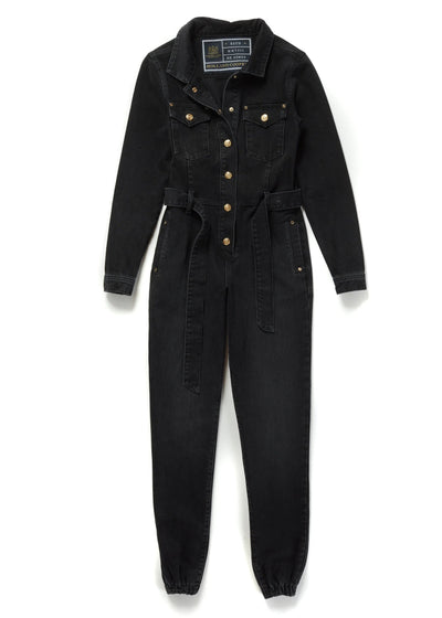 Holland Cooper Denim Jumpsuit in Washed Black Front