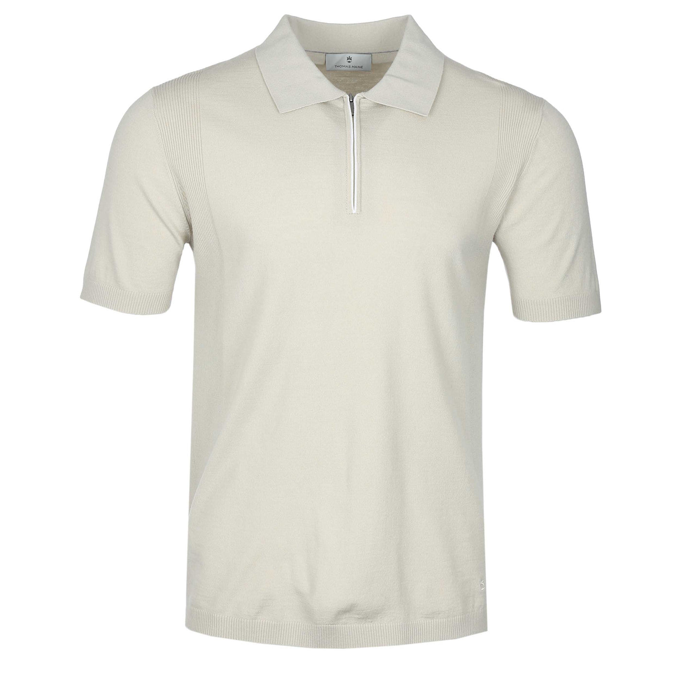 Thomas Maine Knitted Zip Polo Shirt in Beige