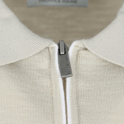 Thomas Maine Knitted Zip Polo Shirt in Beige Zip