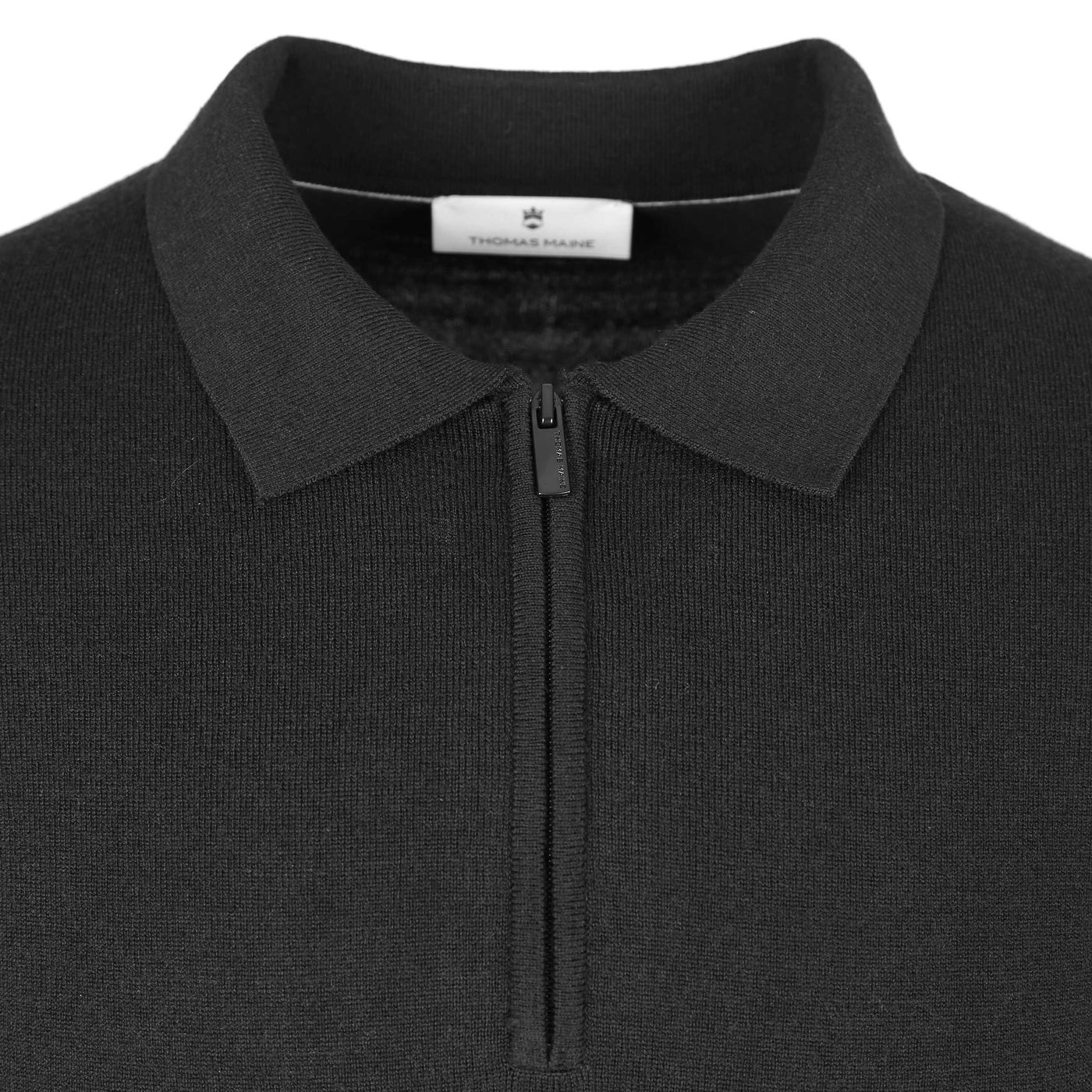 Thomas Maine Zip Knitted Long Sleeve Polo in Black