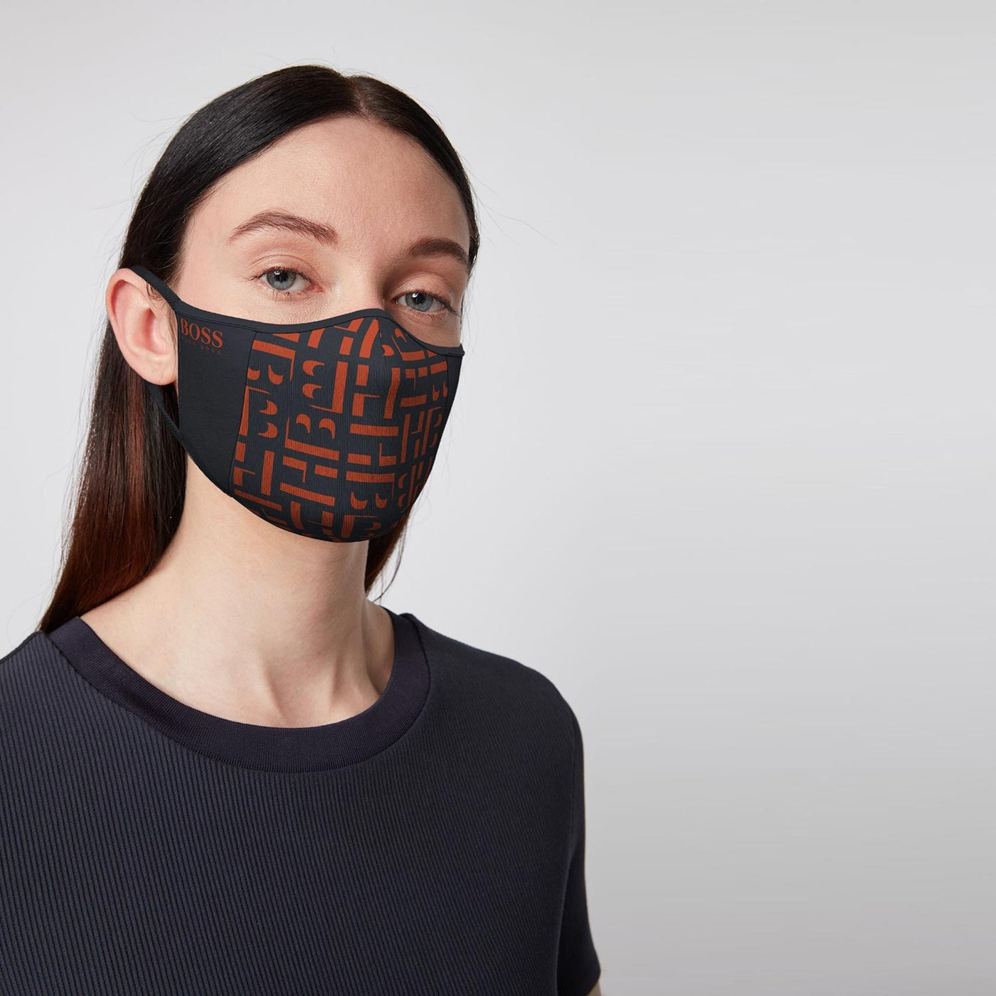 BOSS Face Mask in Charcoal & Orange Model