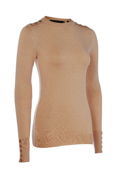 Holland Cooper Buttoned Knit Crew Neck in Dark Camel