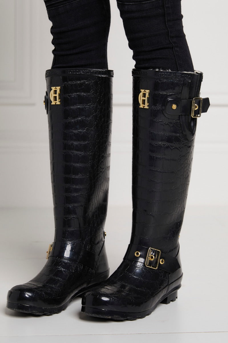 Holland Cooper Sherpa Lined Regency Wellington in Black Croc