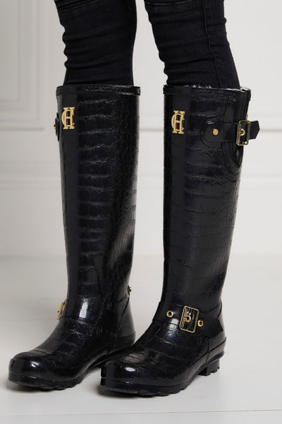 Holland Cooper Sherpa Lined Regency Wellington in Black Croc