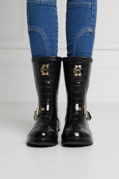 Holland Cooper Short Zip Chelsea Wellington in Black Croc