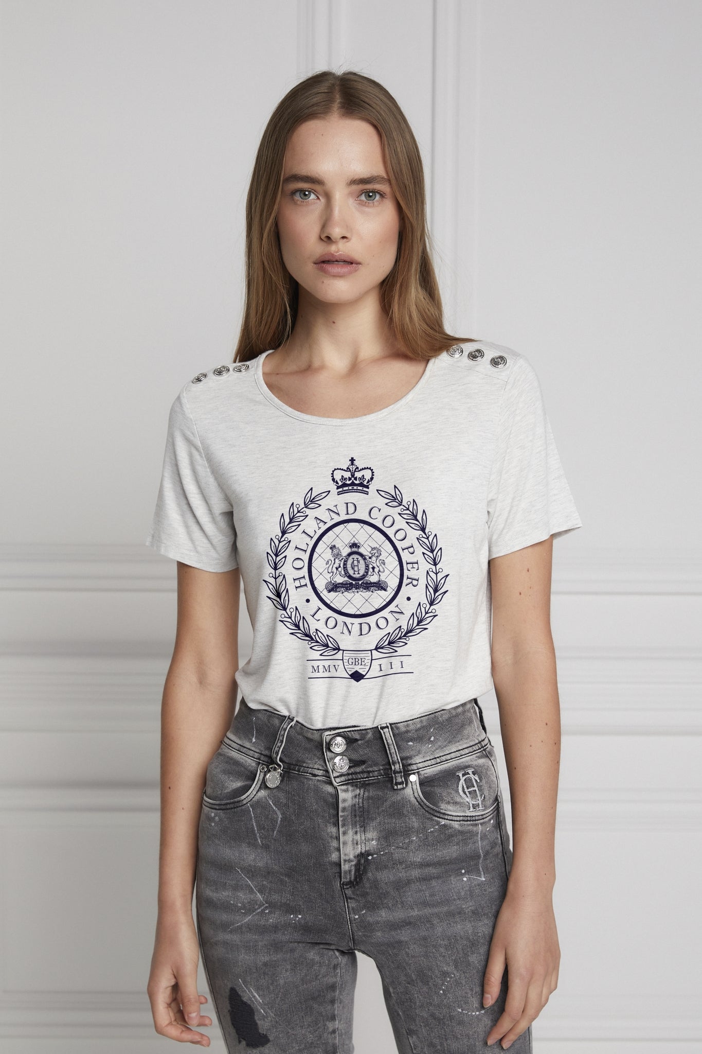Holland Cooper Ornate Crest Tee Ladies T-Shirt in Ice Marle & Navy