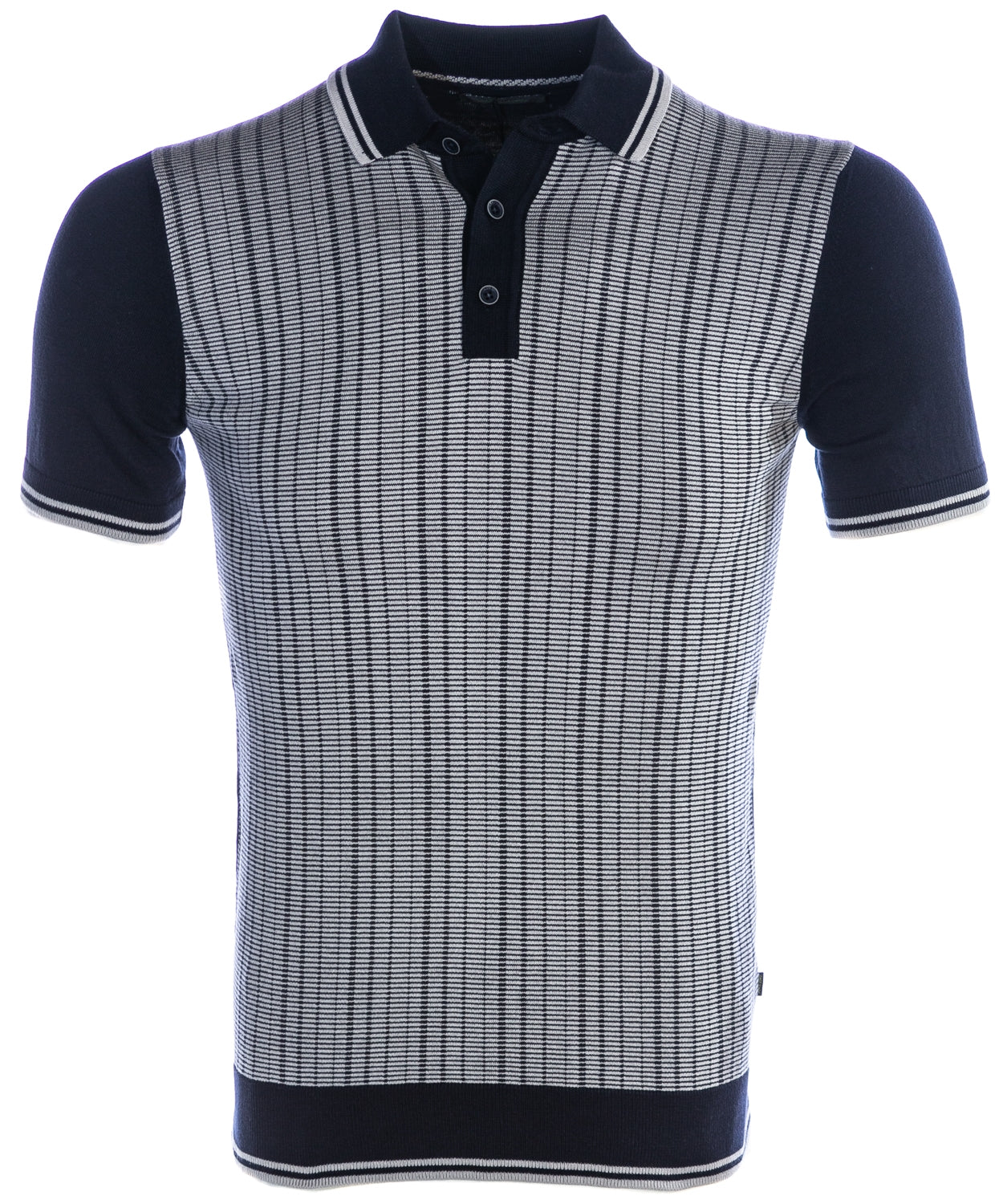 Remus Uomo Abstract Stripe Front Knitted Polo Shirt in Navy & Grey