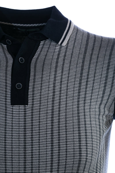 Remus Uomo Abstract Stripe Front Knitted Polo Shirt in Navy & Grey